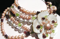 Seashell Flower Clasp and Pearls Triple Strand Necklace
