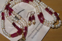 Genuine ruby matrix and pearl necklace with matching earrings