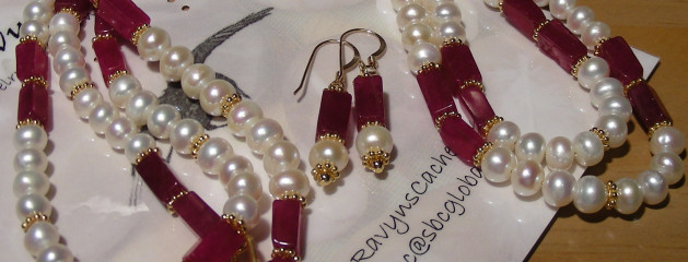 Genuine ruby matrix and pearl necklace with matching earrings