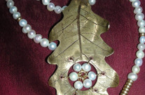 Brass and pearl oak leaf necklace