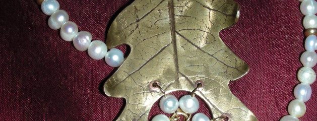 Brass and pearl oak leaf necklace