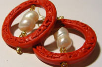 Cinnabar and Pearl Large Hoop Earrings