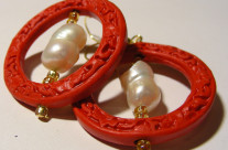 Cinnabar and Pearl Large Hoop Earrings