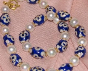 Medieval cross blue porcelain necklace with pearls