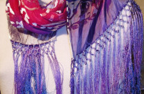 Devore Satin Silk Fringed Scarf Purple Pink Blue 14×72
