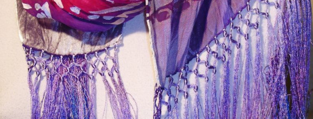 Devore Satin Silk Fringed Scarf Purple Pink Blue 14×72