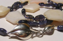 Iolite and Pink Peruvian Opal Long Necklace with Sterling Silver Leaf Clasp