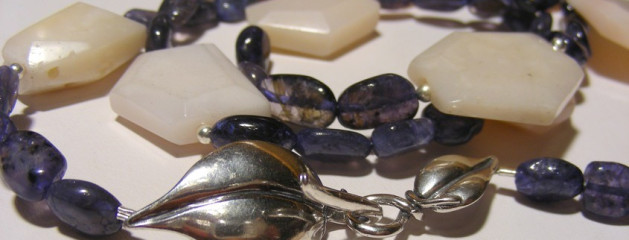 Iolite and Pink Peruvian Opal Long Necklace with Sterling Silver Leaf Clasp